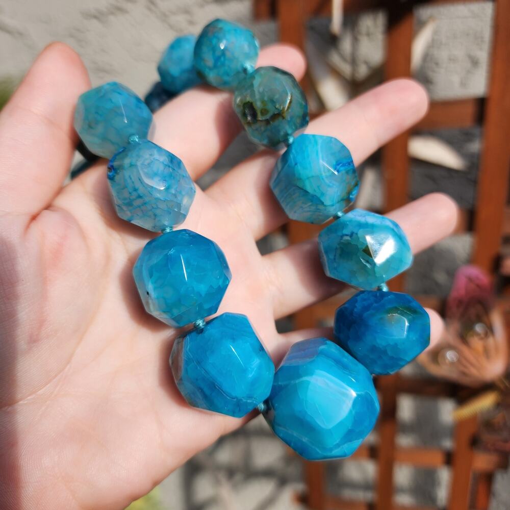 Lucas Lameth Blue Dragon Vein Agate Necklace LUC 925 Chunky Faceted Large Bead - Picture 3 of 11